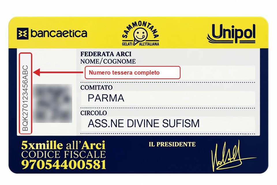 Tessera ARCI dell'Associazione: il numero è stampato in verticale sul lato sinistro, accanto al codice QR, e va scritto per intero, con tutte le lettere e le cifre.